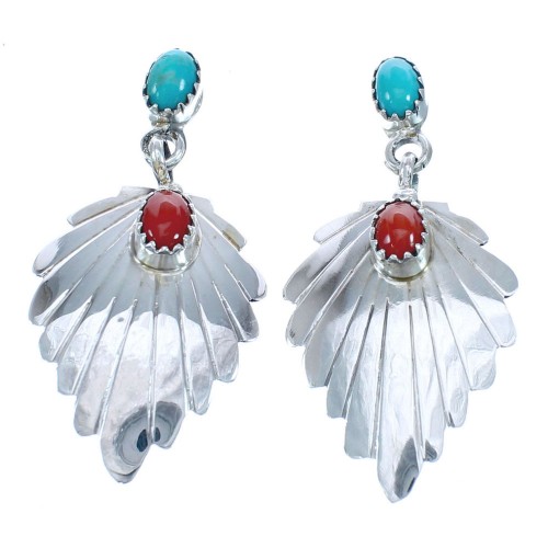 Navajo Sterling Silver Turquoise Coral Leaf Post Dangle Earrings KX121340