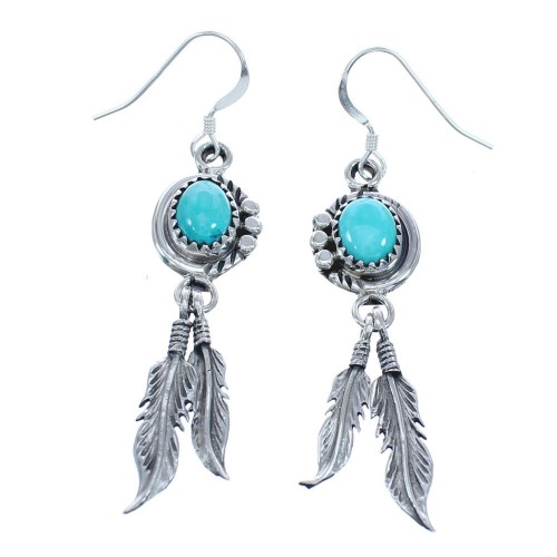 Turquoise Sterling Silver Feather Navajo Hook Dangle Earrings KX121342