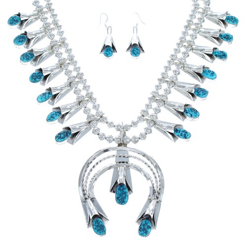 Turquoise Sterling Silver Navajo Squash Blossom Necklace Set KX121335