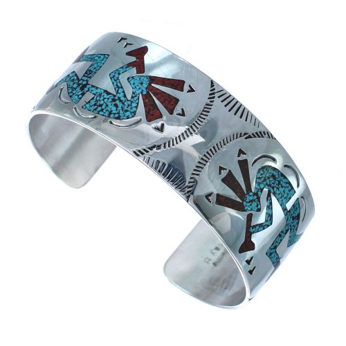 Navajo Coral And Turquoise Kokopelli Sterling Silver Cuff Bracelet AX121375