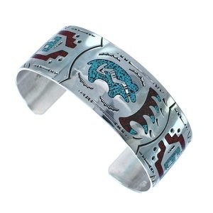 Navajo Coral And Turquoise Bear Sterling Silver Cuff Bracelet AX121376