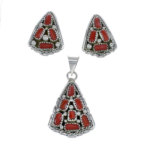 Navajo Authentic Sterling Silver Coral Pendant Earrings Jewelry Set AX121522