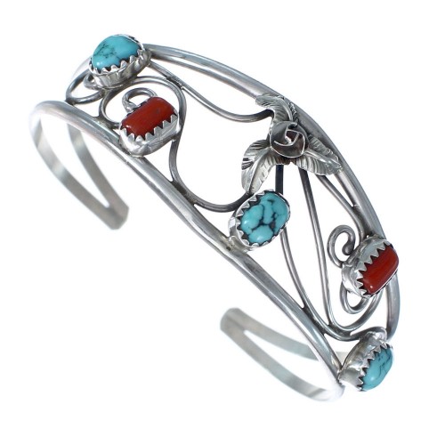 Sterling Silver Turquoise Coral Flower Leaf Navajo Cuff Bracelet JX121739