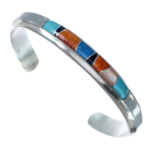 Navajo Indian Sterling Silver Multicolor Inlay Cuff Bracelet AX121864