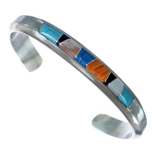 Navajo Indian Sterling Silver Multicolor Inlay Cuff Bracelet AX121865