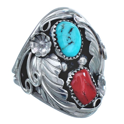 Authentic Sterling Silver Navajo Turquoise Coral Leaf Design Ring Size 11-1/2 AX122084