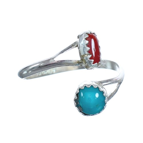 Navajo Turquoise Coral Genuine Sterling Silver Adjustable Ring Size 5, 6, 7 JX122556