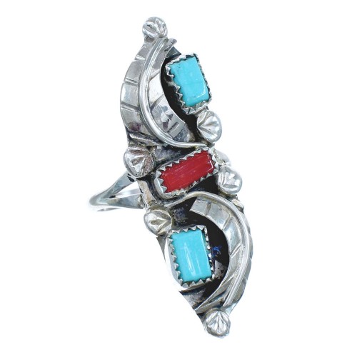 Authentic Sterling Silver Navajo Turquoise Coral Leaf Design Ring Size 7-1/4 AX122442