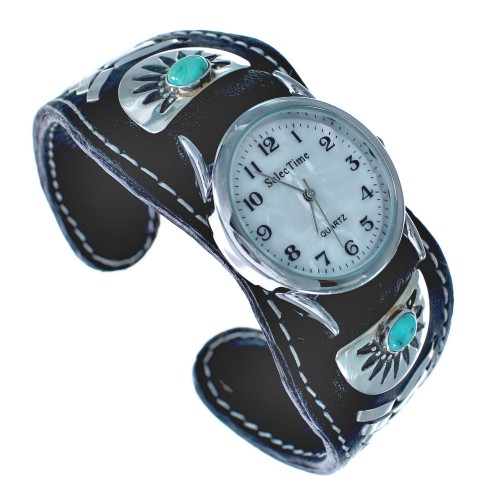 Genuine Navajo Turquoise Sterling Silver Leather Cuff Watch JX122233