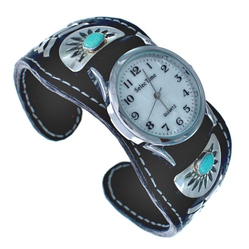 Genuine Navajo Turquoise Sterling Silver Leather Cuff Watch JX122234