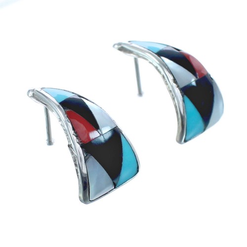 Authentic Sterling Silver Multicolor Inlay Zuni Post Hoop Earrings JX122287