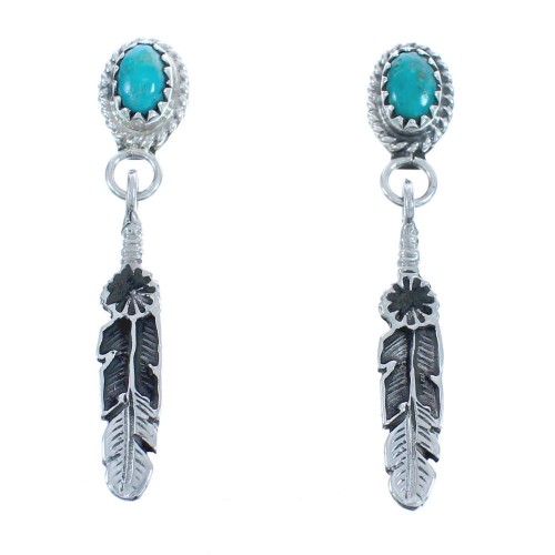 Navajo Turquoise Sterling Silver Feather Post Dangle Earrings JX122248