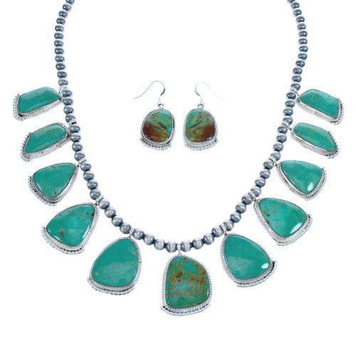 Native American Navajo Turquoise Sterling Silver Bead Necklace Earring Set JX122974