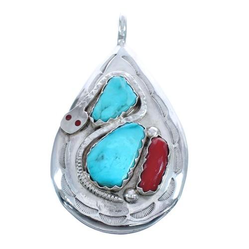 Native American Zuni Turquoise Coral Sterling Silver Snake Pendant JX123080