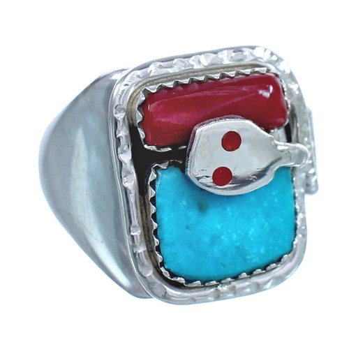 Zuni Turquoise Coral Authentic Sterling Silver Snake Ring Size 9 AX123307