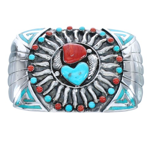 Coral And Turquoise Southwest Silver Sun And Heart Belt Buckle PX29140