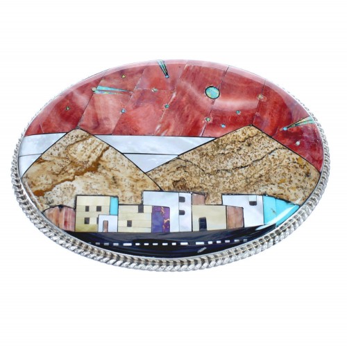 Native American Village Design Multicolor Silver Belt Buckle YS59577