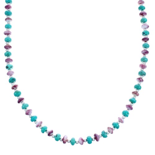 Native American Kingman Turquoise And Purple Oyster Shell Sterling Silver Bead Necklace AX123516