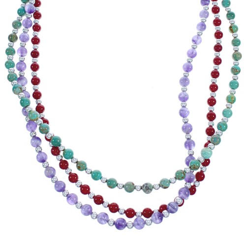 American Indian 3-Strand Multicolor Silver Bead Necklace AX123385