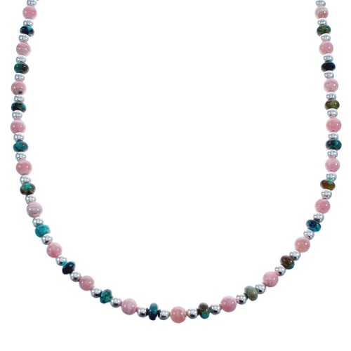 Native American Sterling Silver Turquoise And Rhodochrosite Bead Necklace JX123370