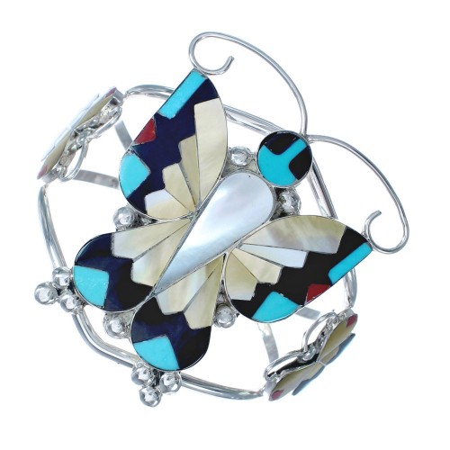 Zuni Indian Multicolor Sterling Silver Butterfly Inlay Cuff Bracelet AX123709