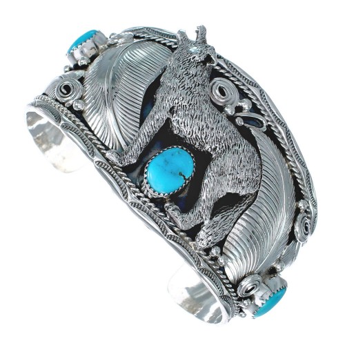 Navajo Sterling Silver Turquoise Wolf Leaf Cuff Bracelet AX123793