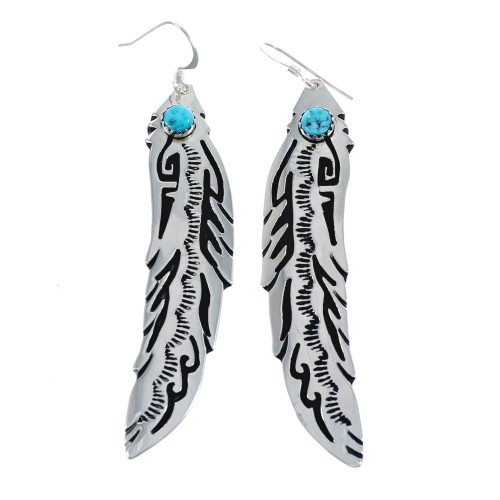 Navajo Sterling Silver And Turquoise Feather Hook Dangle Earrings JX124279