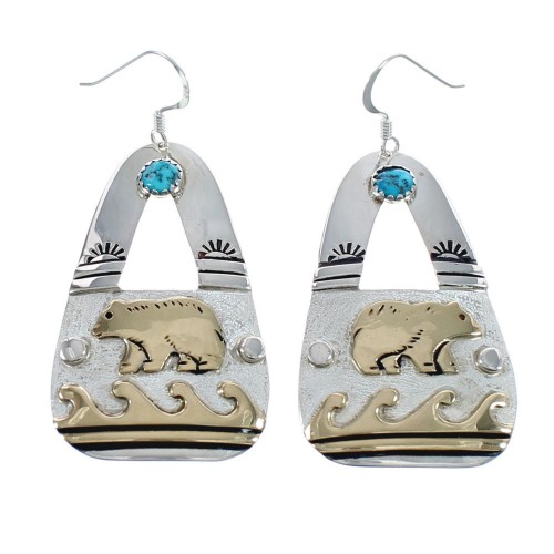 Native American Sterling Silver 12 Karat Gold Filled And Turquoise Bear Hook Dangle Earrings JX124289