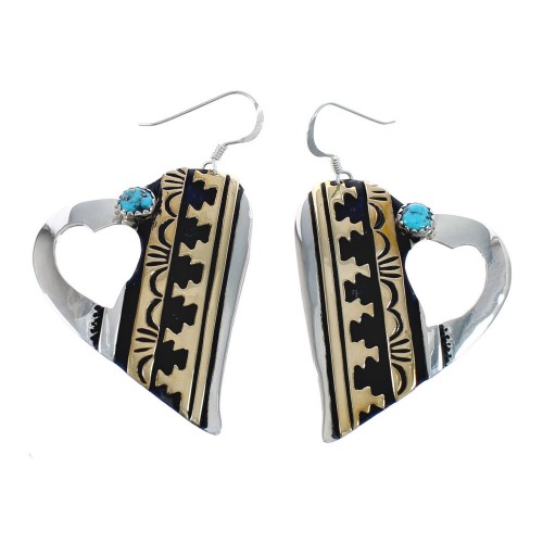 Native American Sterling Silver 12 Karat Gold Filled And Turquoise Heart Hook Dangle Earrings JX124291