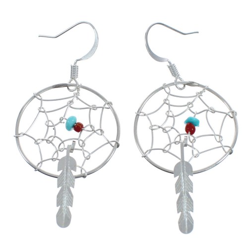 Sterling Silver Turquoise Coral Dream Catcher Feather Navajo Hook Dangle Earrings AX124530