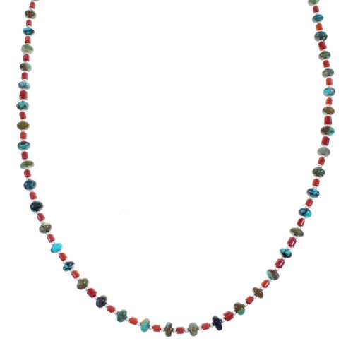 Native American Navajo Turquoise and Coral Bead Sterling Silver Necklace JX124567