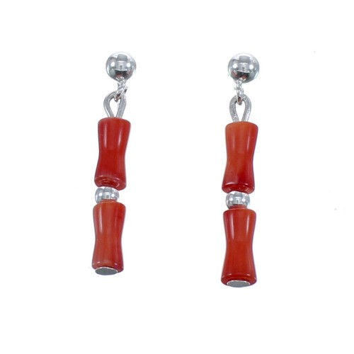 Native American Coral Sterling Silver Bead Post Dangle Earrings AX124704