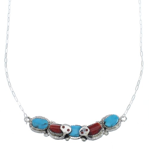 Turquoise And Coral Sterling Silver Zuni Effie Calavaza Snake Necklace AX124752