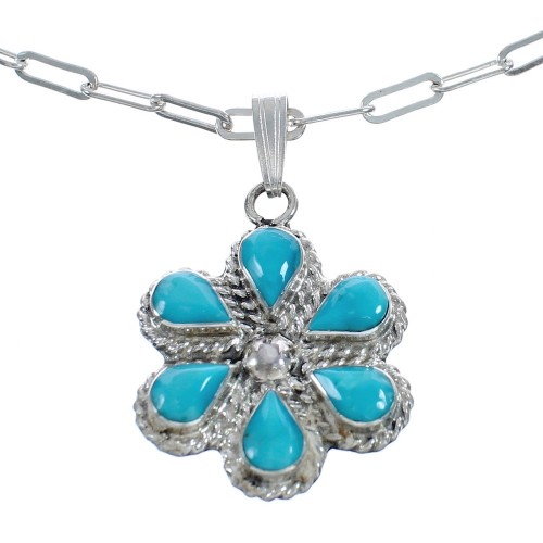 Native American Turquoise And Sterling Silver Flower Pendant Necklace JX125442