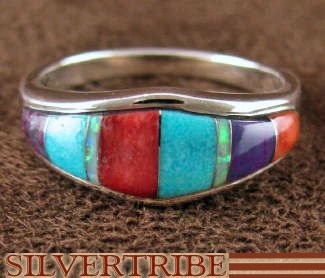 Multicolor Inlay Jewelry Sterling Silver Ring Size 5-3/4 NS35931