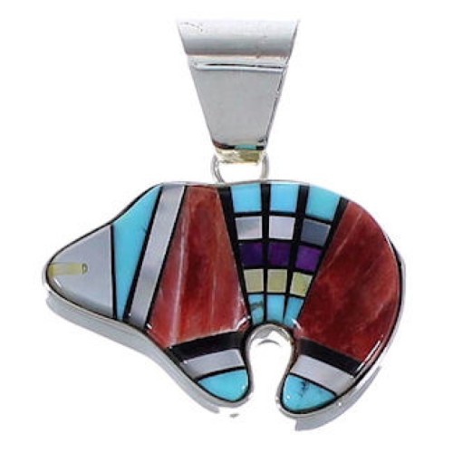 Authentic Sterling Silver Multicolor Inlay Bear Pendant RX102071